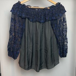 Parker Black Off the Shoulder Blouse w/ Navy Lace